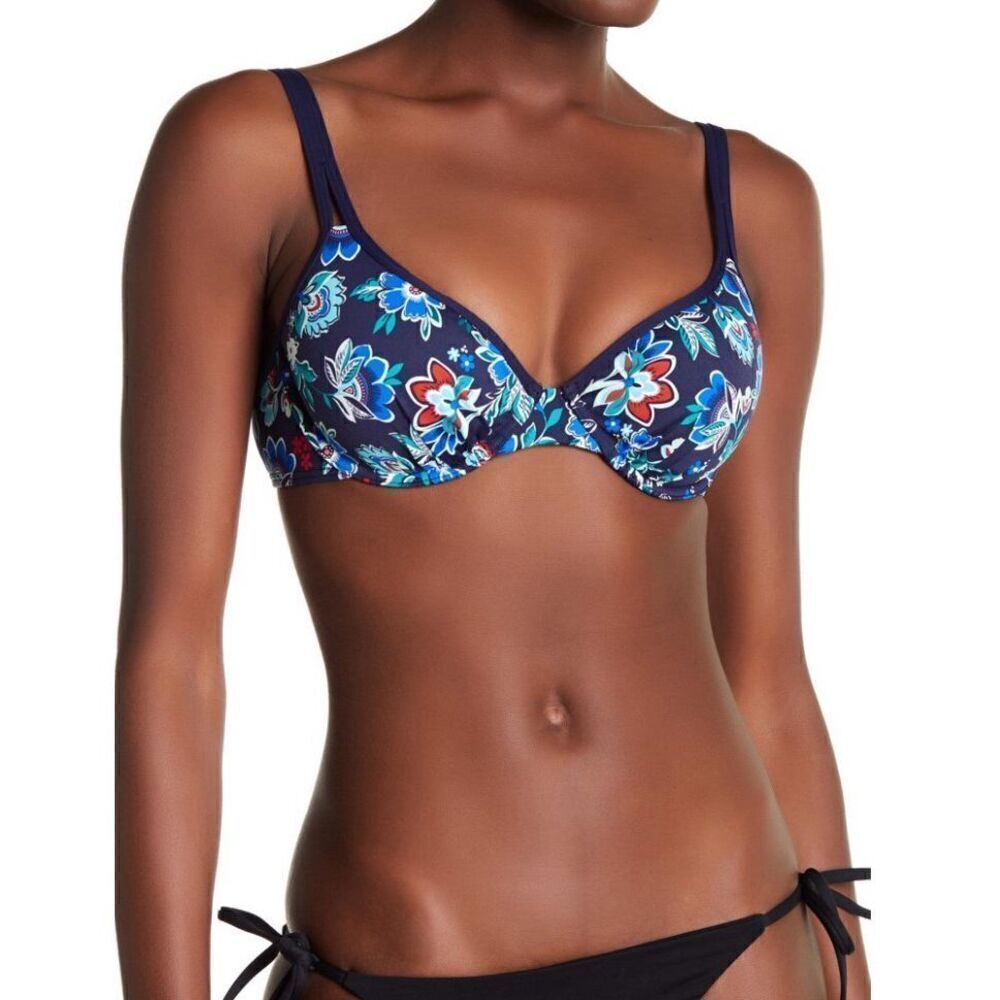 Tommy Bahama Folk Floral Underwire Double Strap Bikini Top in Mare Navy 34B Nwt